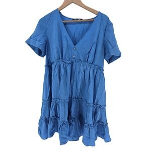 Zara Rhinestone Embellished Dress Large Blue Tiered Babydoll Ruffle Mini Poplin